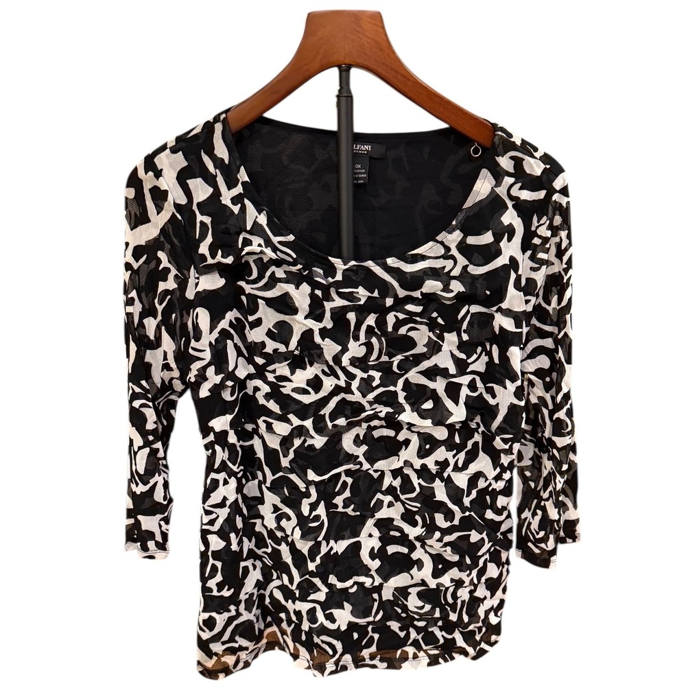 Alfani Woman Black White Abstract Print Mesh Sheer 3/4 Sleeve Top Plus Size 0X